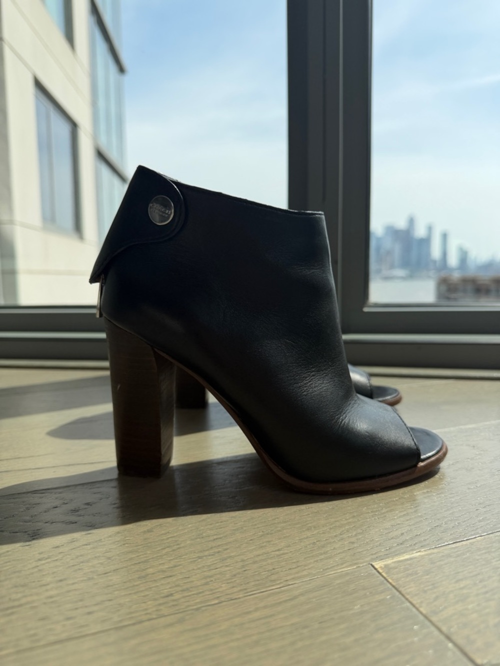 Coach Black Leather Open-Toe Block Heel Mules